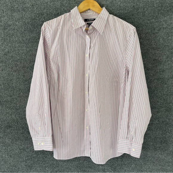 Chaps Womens Striped Button Up Top Size 1X Pink Black Office Career - Picture 1 of 10